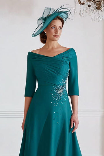 Peacock Green A Line Midi Mother of the Bride Dress with Half Sleeves